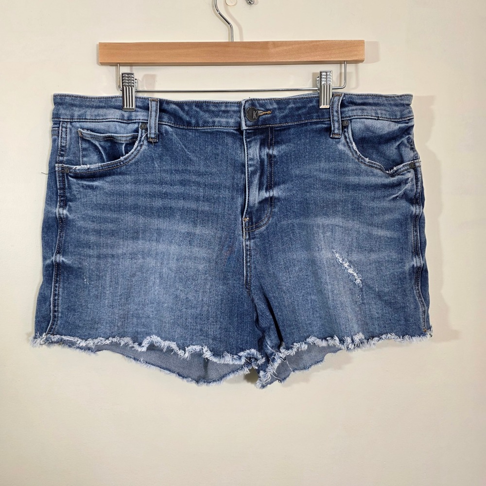 Kut from the Kloth Women Gidget high rise Denim Shorts Distressed Med Wash Sz 16